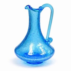 Vintage Pilgrim Art Glass Mini Pitcher Blue Crackle Glass Hand Blown Handle 5"